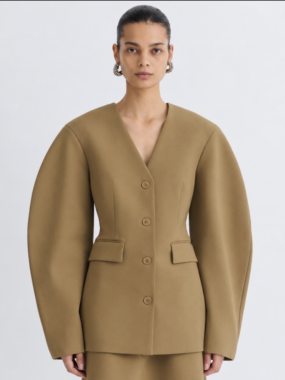 Nanushka Kaori Brown Collarless Sculptural Sleeve Elongated Blazer S NWT